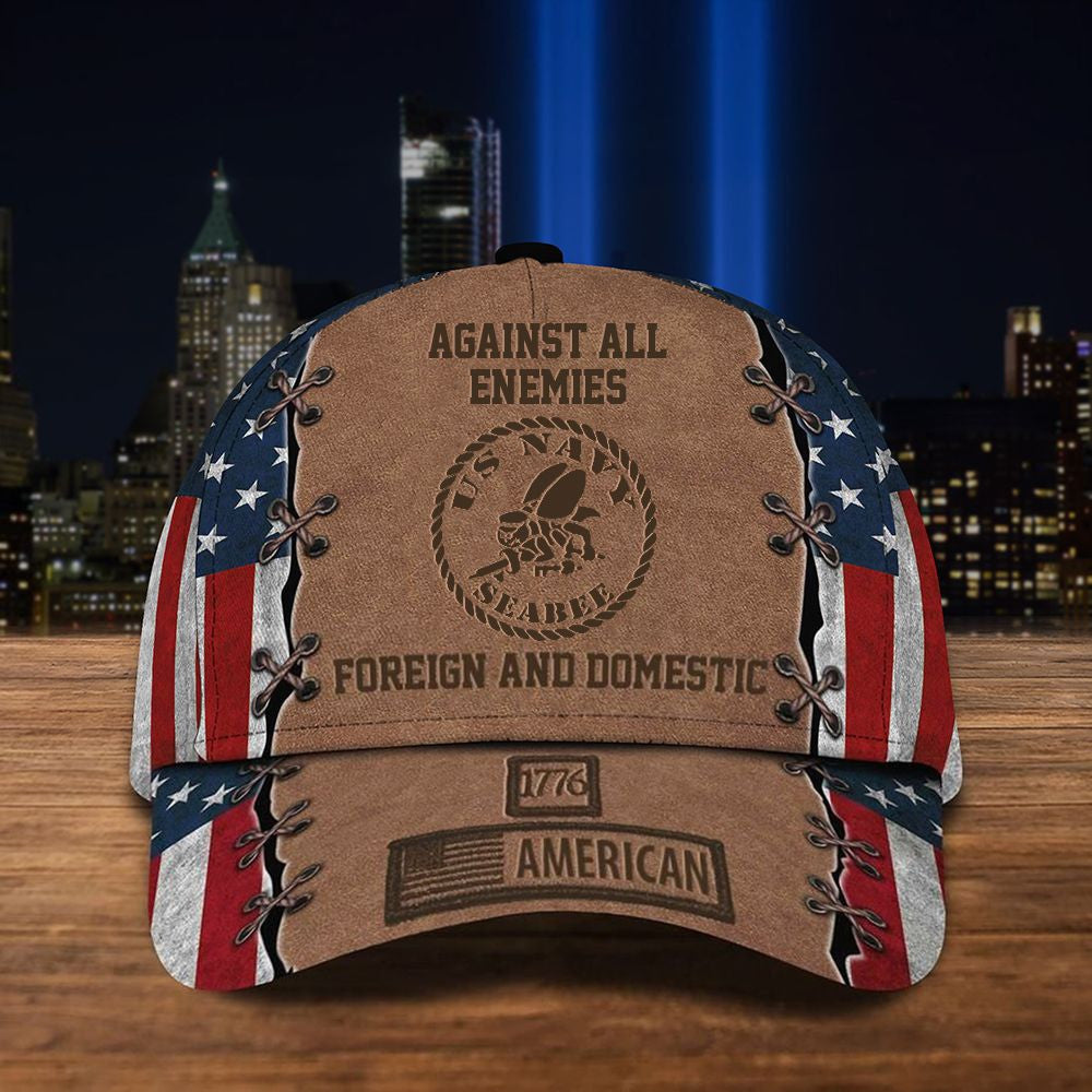 Navy Seabee Against All Enemies Foreign And Domestic Hat 1776 American Flag Hat Classic Cap Trucker Hats Custom Hats Gifts For Men & Women