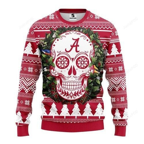 Ncaa Alabama Crimson Tide Skull Flower Ugly Christmas Sweater Adult 3D Funny Matching for family