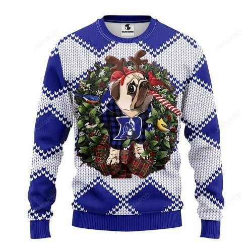 Ncaa Duke Blue Devils Pug Dog Ugly Christmas Sweater Adult 3D Funny Matching for family