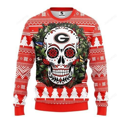 Ncaa Georgia Bulldogs Skull Flower Ugly Christmas Sweater Adult 3D Funny Matching for family