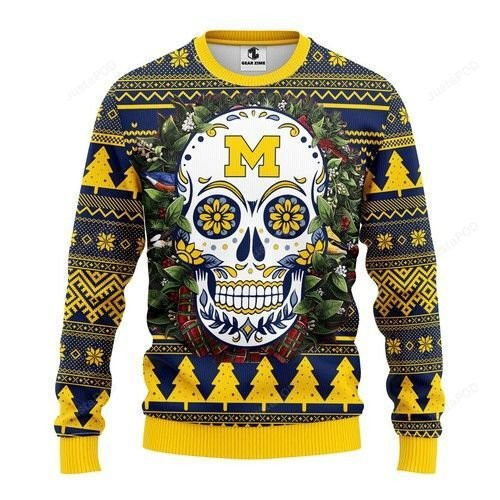 Ncaa Michigan Wolverines Skull Flower Ugly Christmas Sweater Adult 3D Funny Matching for family
