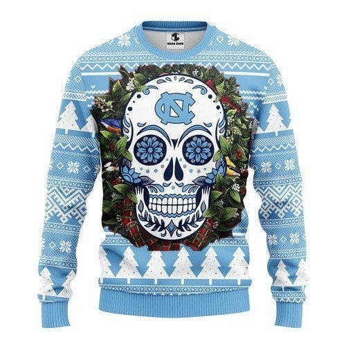 Ncaa North Carolina Tar Heels Skull Flower Ugly Christmas Sweater Adult 3D Funny Matching for family