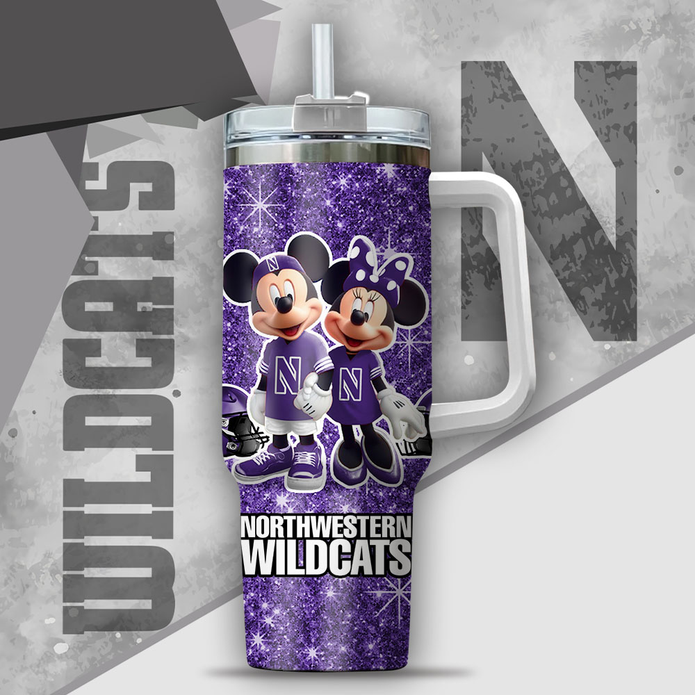 NCAA Northwestern Wildcats Mickey And Minnie Couple Custom Stanley Cup 40 oz 30 oz Tumbler With HandleTVC2301135 - Image 2