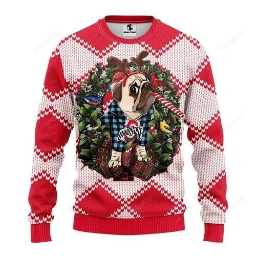 Ncaa Ohio State Buckeyes Pug Dog Ugly Christmas Sweater Adult 3D Funny Matching for family