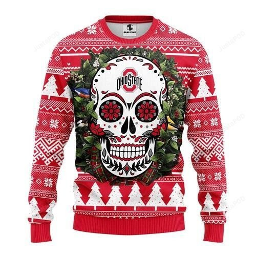 Ncaa Ohio State Buckeyes Skull Flower Ugly Christmas Sweater Adult 3D Funny Matching for family