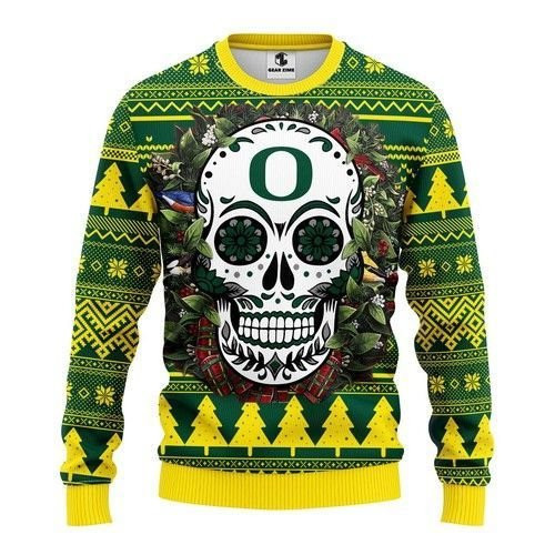 Ncaa Oregon Ducks Skull Flower Ugly Christmas Sweater Adult 3D Funny Matching for family
