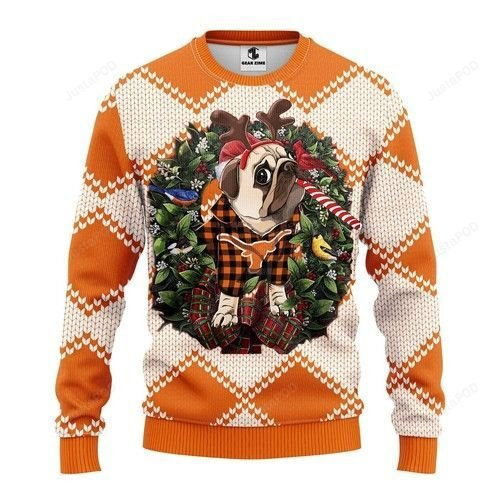 Ncaa Texas Longhorns Pug Dog Ugly Christmas Sweater Adult 3D Funny Matching for family
