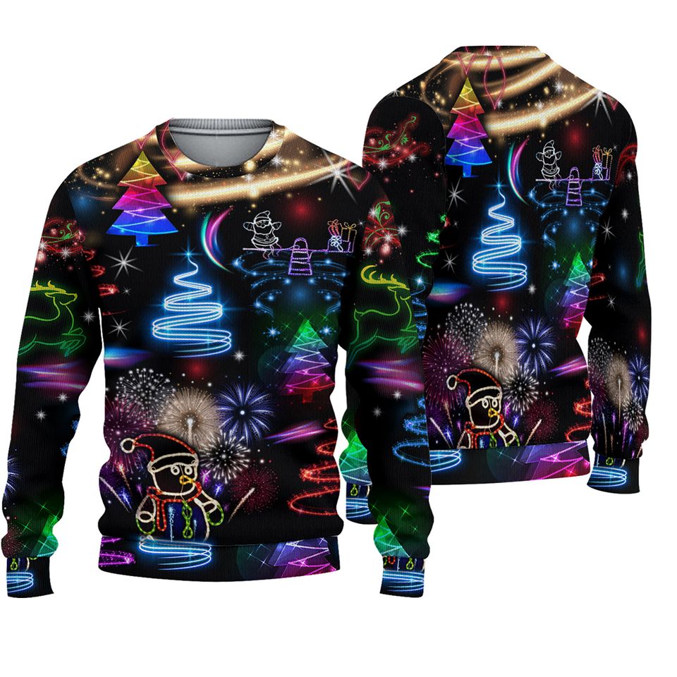 Neon Art Santa And Snowman Ugly Christmas Sweater, Bright Neon Xmas