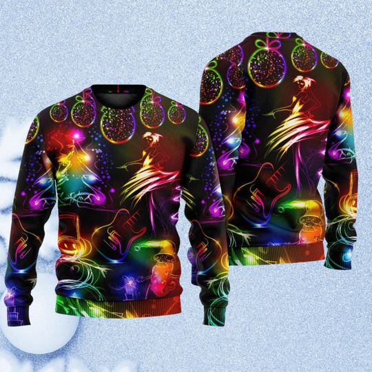 Neon Light Christmas Sweater, Neon Xmas Ugly Sweater, Dacing Santa Tree Holiday Sweater - Image 8