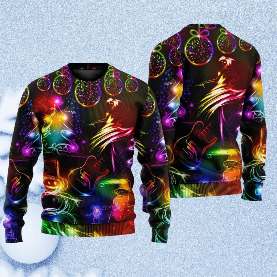 Neon Light Christmas Sweater, Neon Xmas Ugly Sweater, Dacing Santa Tree Holiday Sweater - Image 2