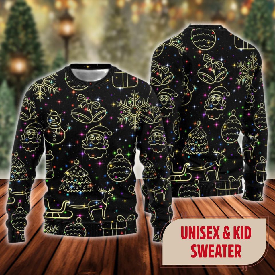 Neon Light Stary Amazing Night Ugly Christmas Sweater, Neon Light Xmas