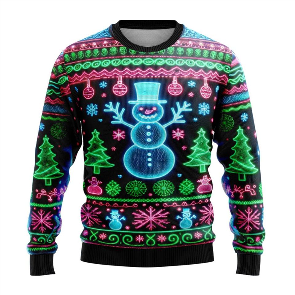 Neon Snowman Graphic Sweatshirts 2025 Merry Christmas 3D Printed Ugly Sweater
