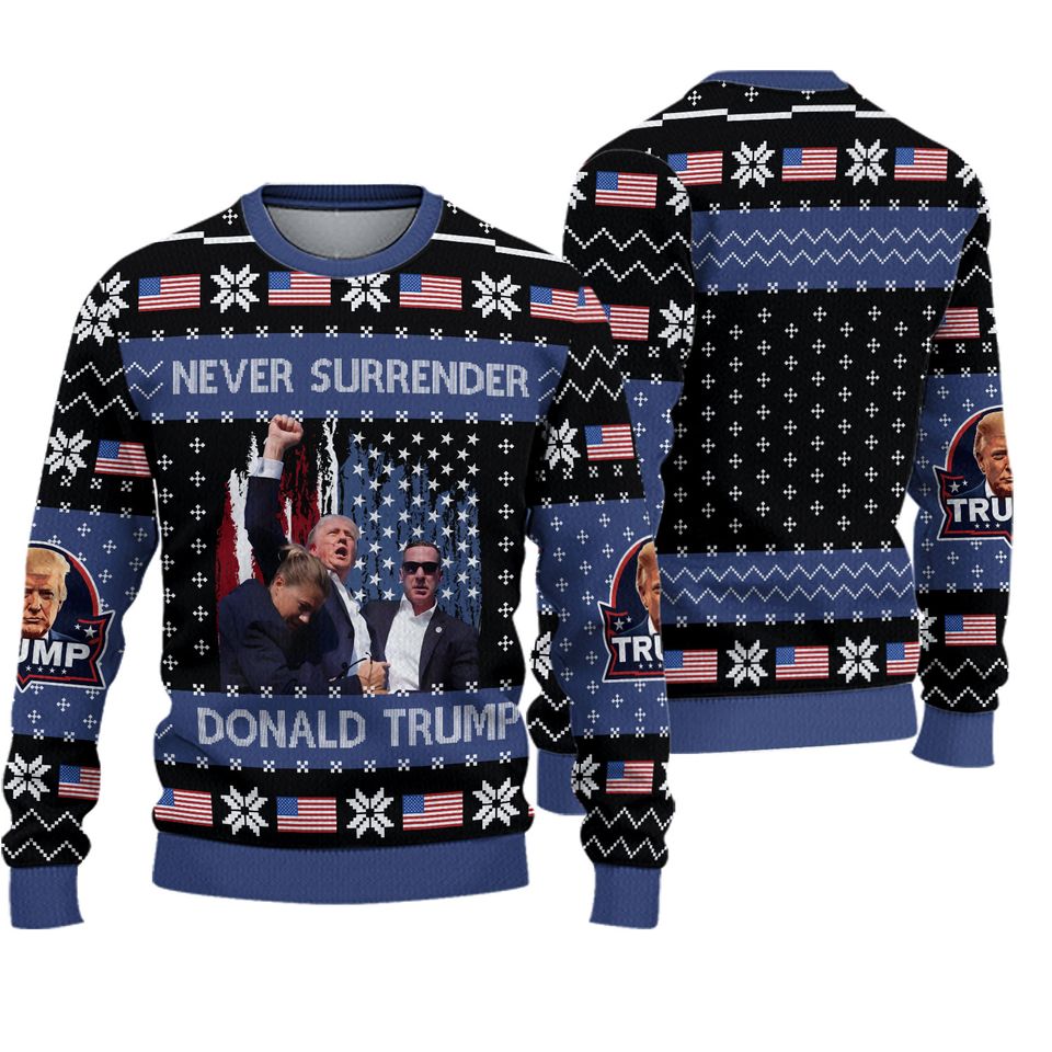 Never Surrender Donald Trump Christmas Ugly Sweater