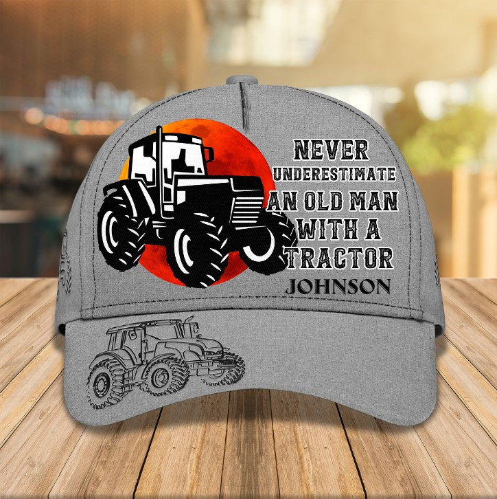 Never Underestimate An Old Man With A Tractor - Personalized Name Cap Trucker Hats Custom Hats Gifts For Men & Women