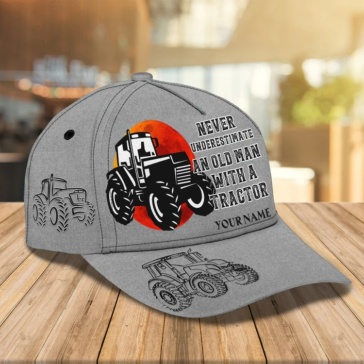 Never Underestimate An Old Man With A Tractor - Personalized Name Cap Trucker Hats Custom Hats Gifts For Men & Women