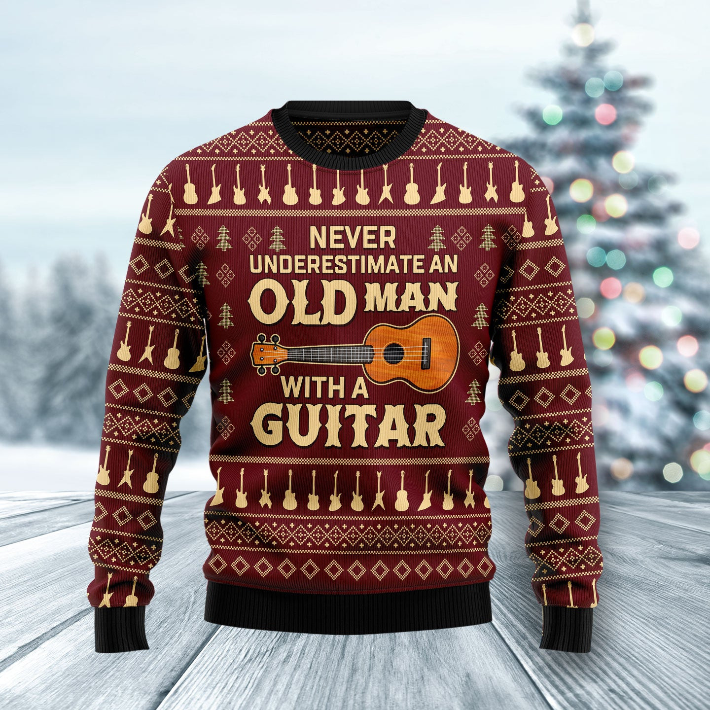 Never Underestimate An Old Man With Guitar Ugly Christmas Sweater