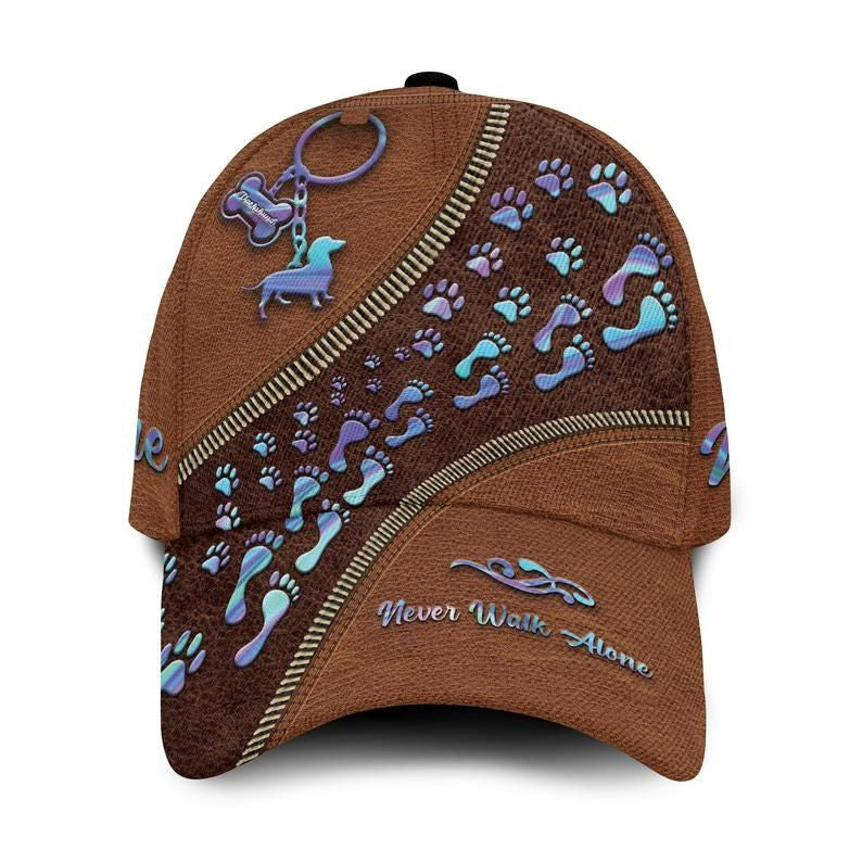Never Walk Alone Dachshund Paws Old Leather Custom Name 3D Cap, Dachshund Cap Trucker Hats Custom Hats Gifts For Men & Women