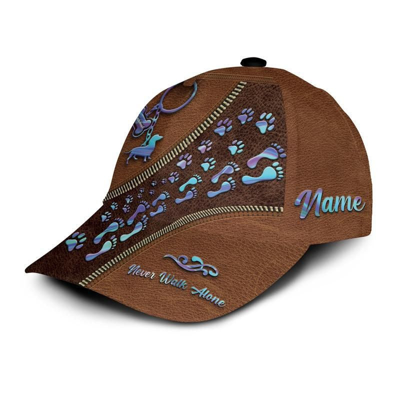 Never Walk Alone Dachshund Paws Old Leather Custom Name 3D Cap, Dachshund Cap Trucker Hats Custom Hats Gifts For Men & Women