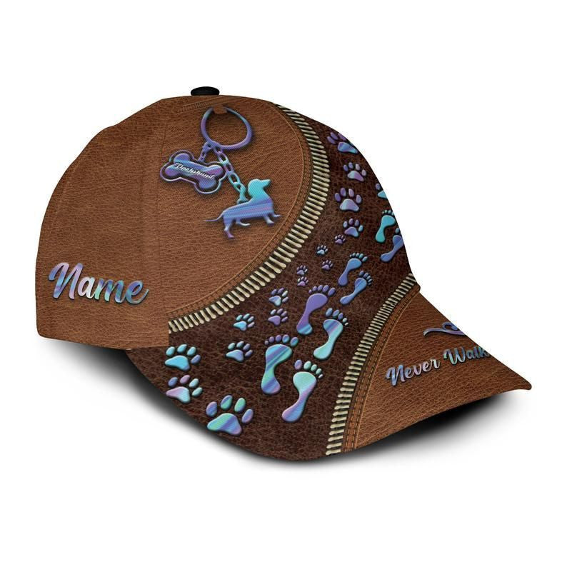 Never Walk Alone Dachshund Paws Old Leather Custom Name 3D Cap, Dachshund Cap Trucker Hats Custom Hats Gifts For Men & Women