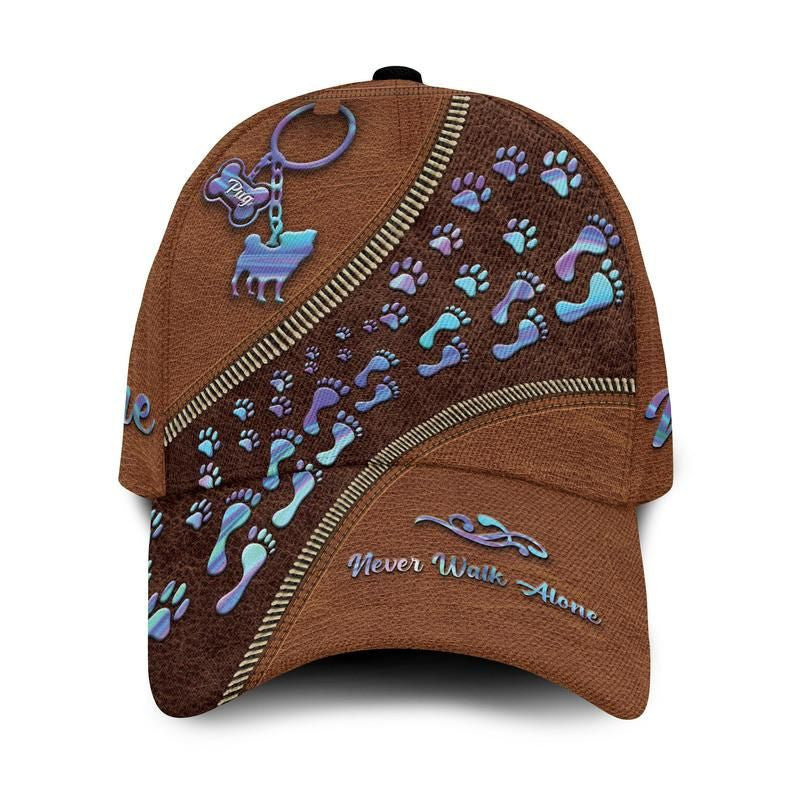 Never Walk Alone Pug Paws Old Leather Custom Name 3D Cap, Pug Cap, Pug Baseball Cap Trucker Hats Custom Hats Gifts For Men & Women