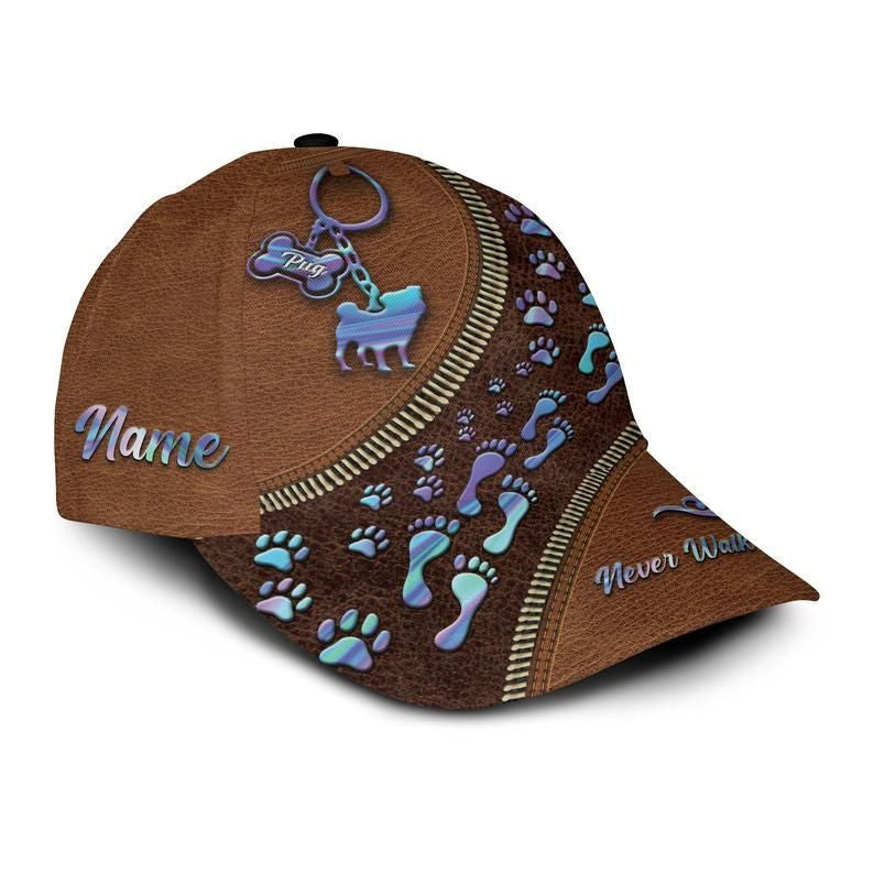 Never Walk Alone Pug Paws Old Leather Custom Name 3D Cap, Pug Cap, Pug Baseball Cap Trucker Hats Custom Hats Gifts For Men & Women