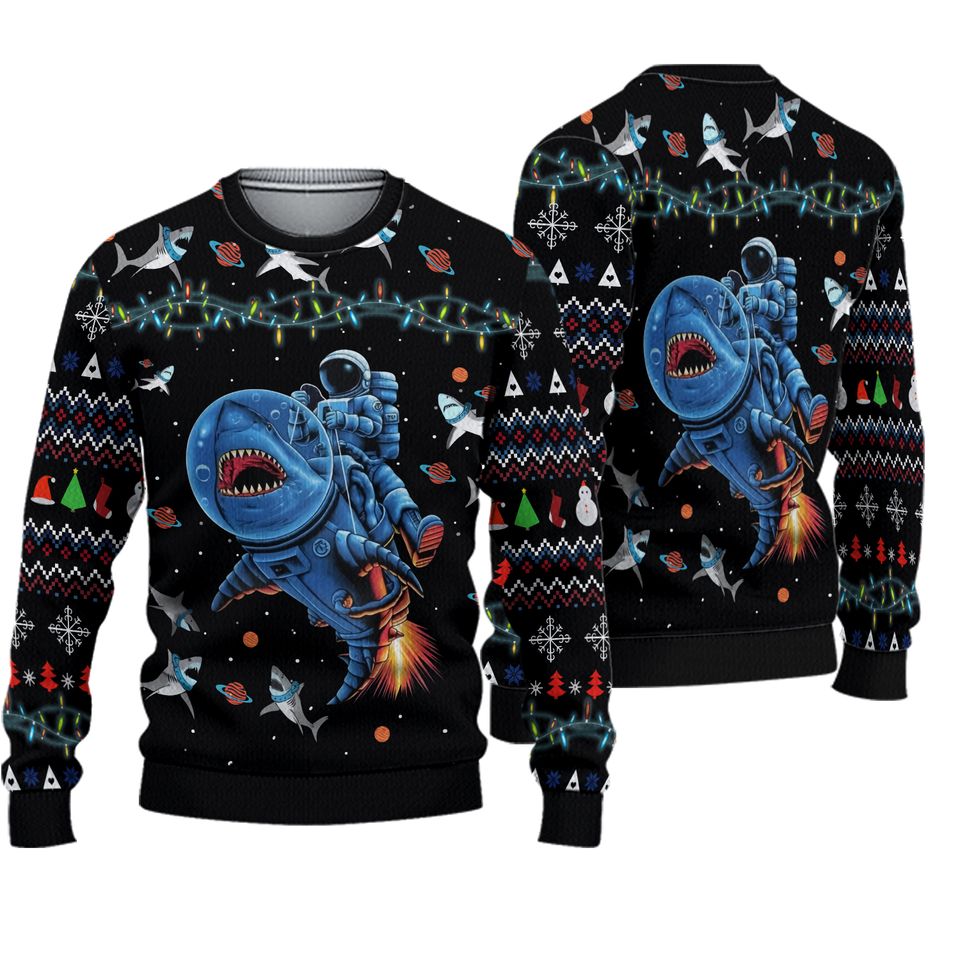 New 2022 Funny Astronauts Ride A Shark In Space With The Planet Ugly Christmas Sweater