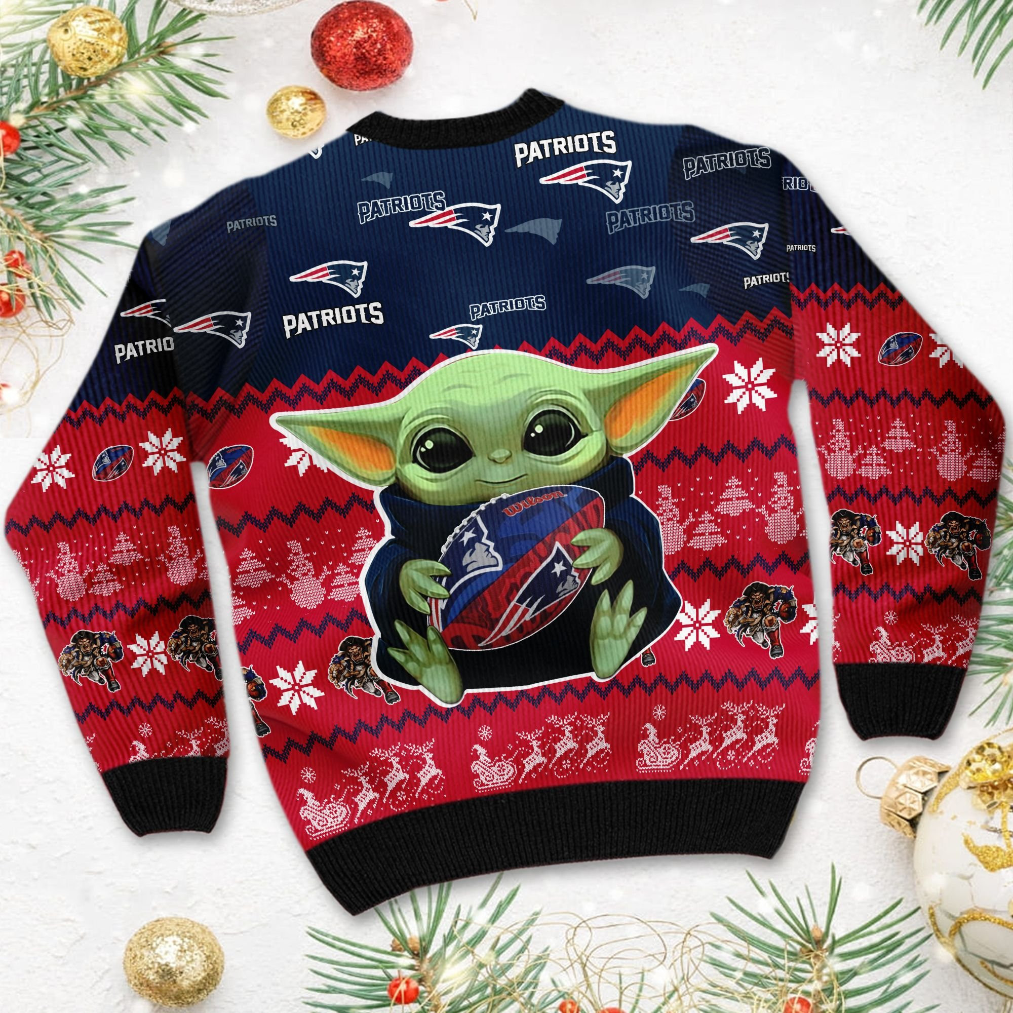 New England Patriots Baby Yoda Shirt For American Football Fans Ugly Christmas Sweater Adult 3D Funny Matching for family - Image 4