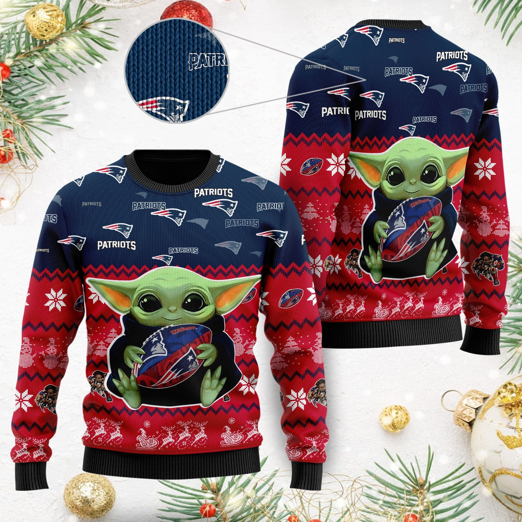 New England Patriots Baby Yoda Shirt For American Football Fans Ugly Christmas Sweater Adult 3D Funny Matching for family