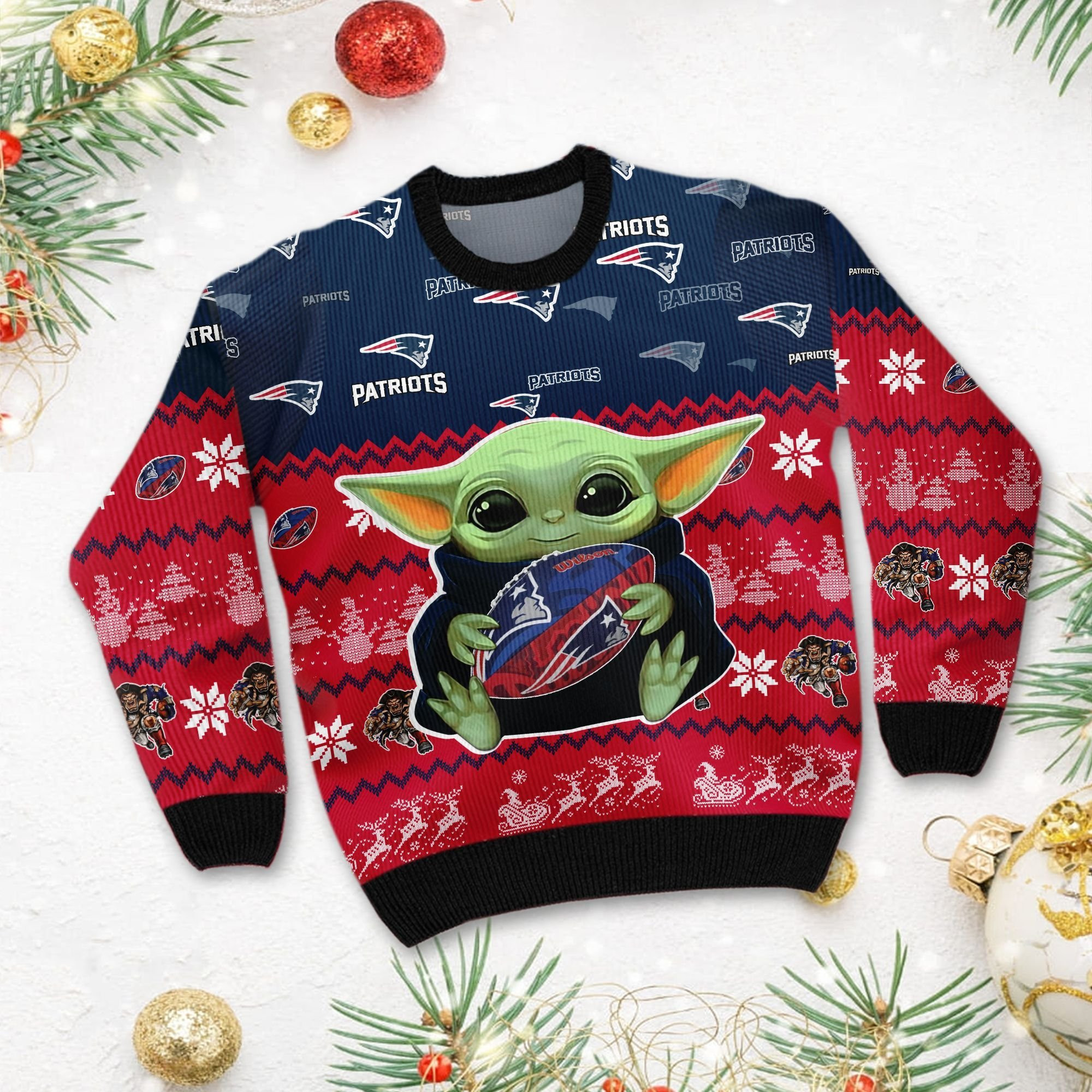 New England Patriots Baby Yoda Ugly Christmas Sweater Adult 3D Funny Matching for family - Image 2