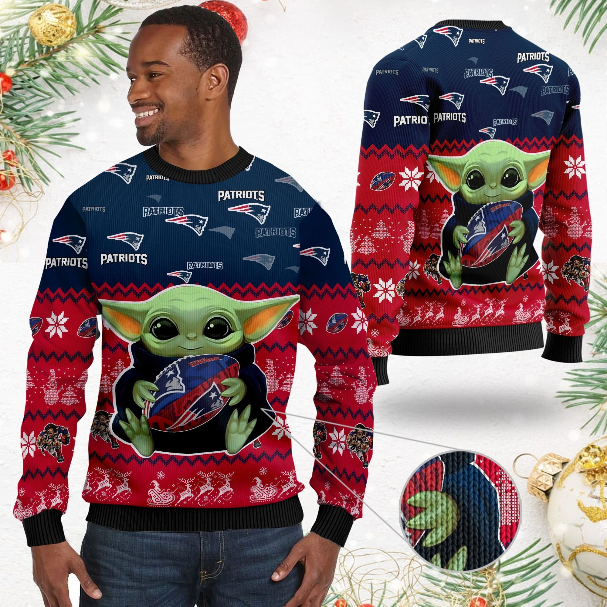 New England Patriots Baby Yoda Ugly Christmas Sweater Adult 3D Funny Matching for family