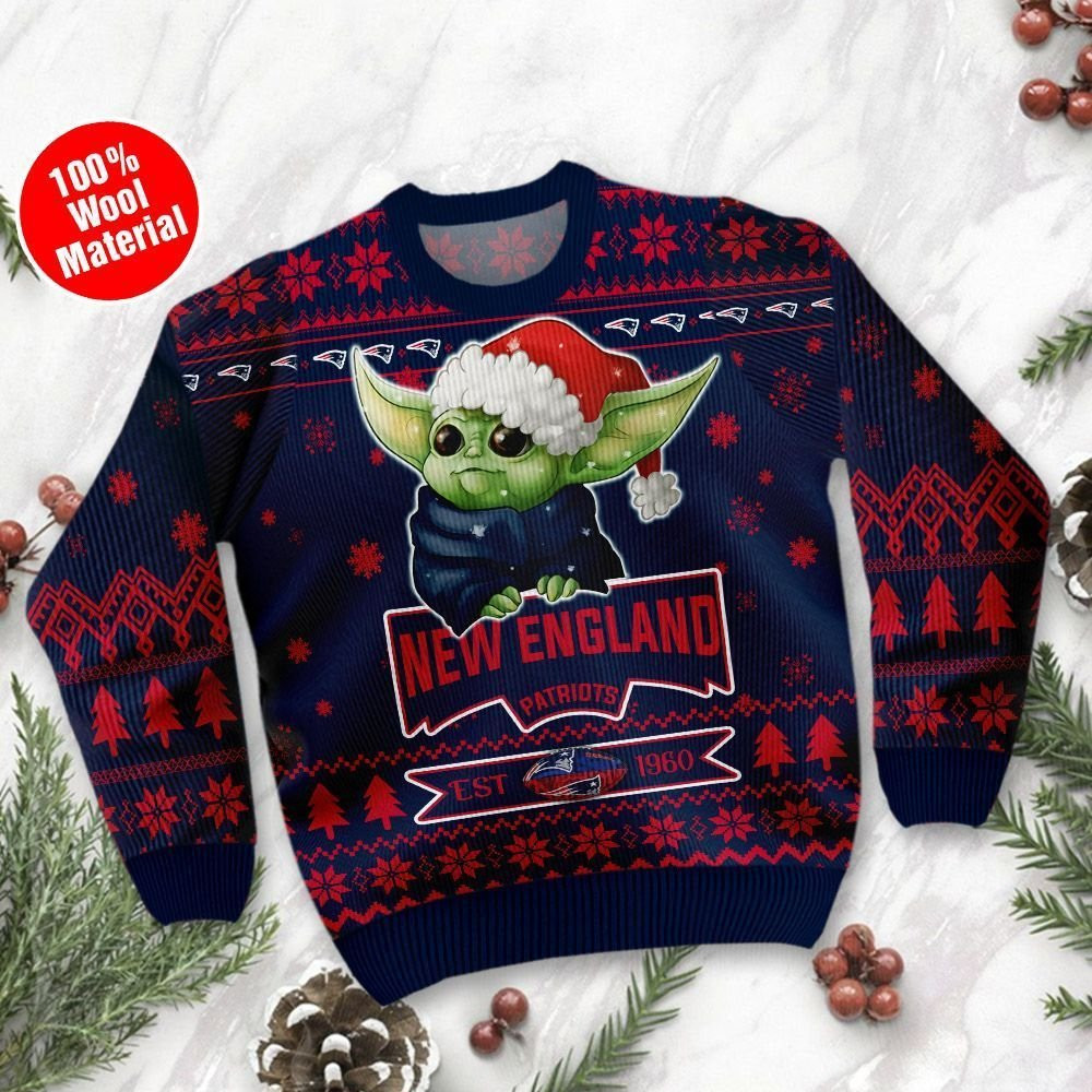 New England Patriots Cute Baby Yoda Grogu Ugly Christmas Sweater Adult 3D Funny Matching for family