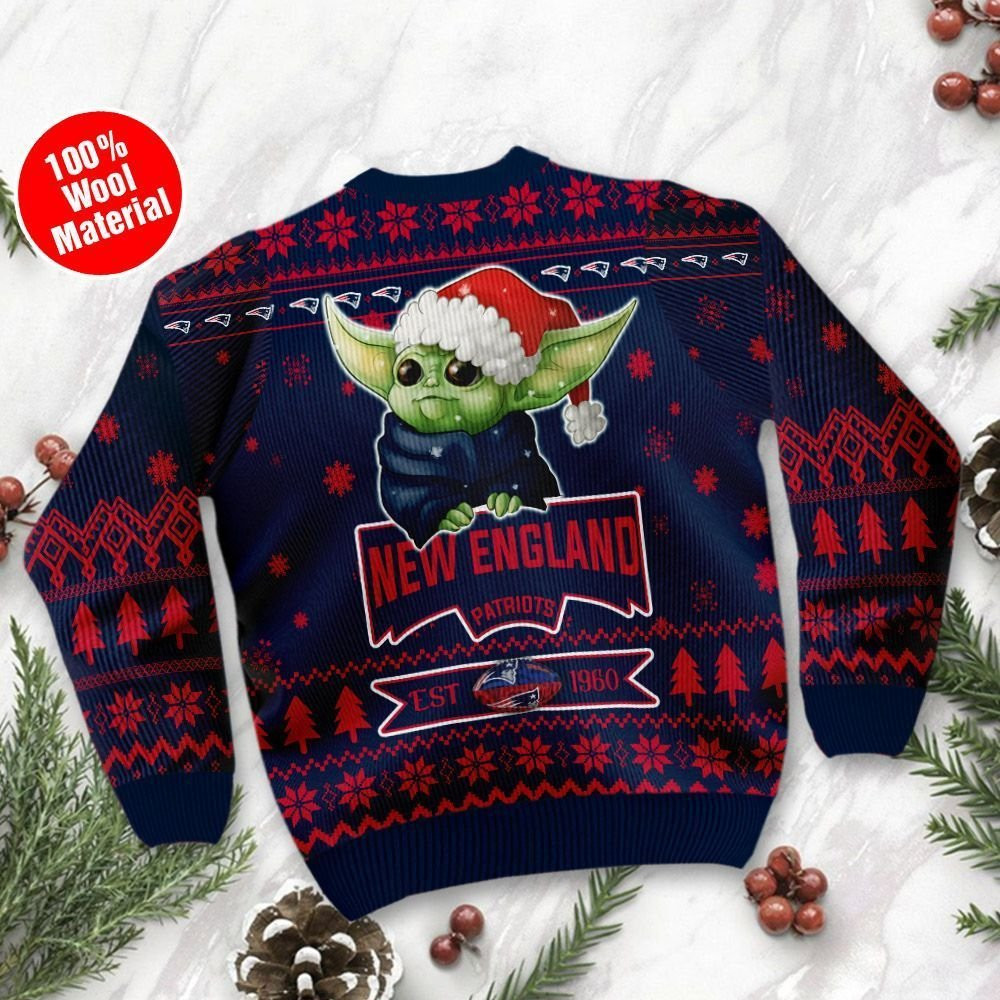 New England Patriots Cute Baby Yoda Grogu Ugly Christmas Sweater Adult 3D Funny Matching for family - Image 2