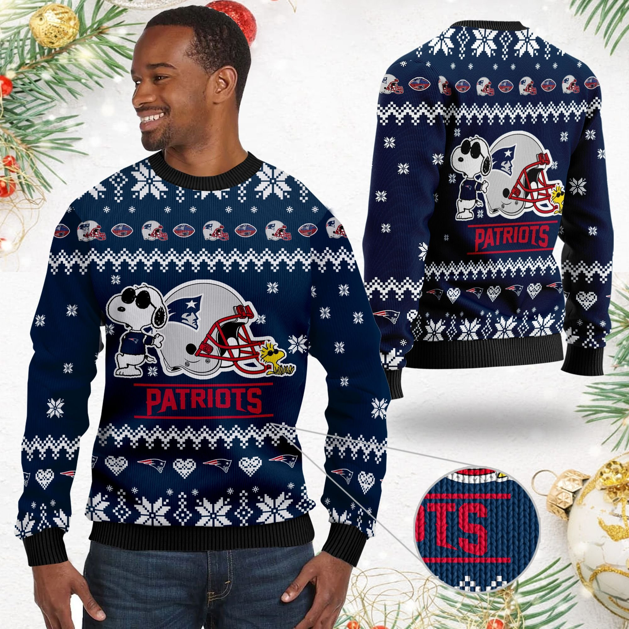 New England Patriots Cute The Snoopy Show Football Helmet 3D Ugly Christmas Sweater Adult 3D Funny Matching for family - Image 2