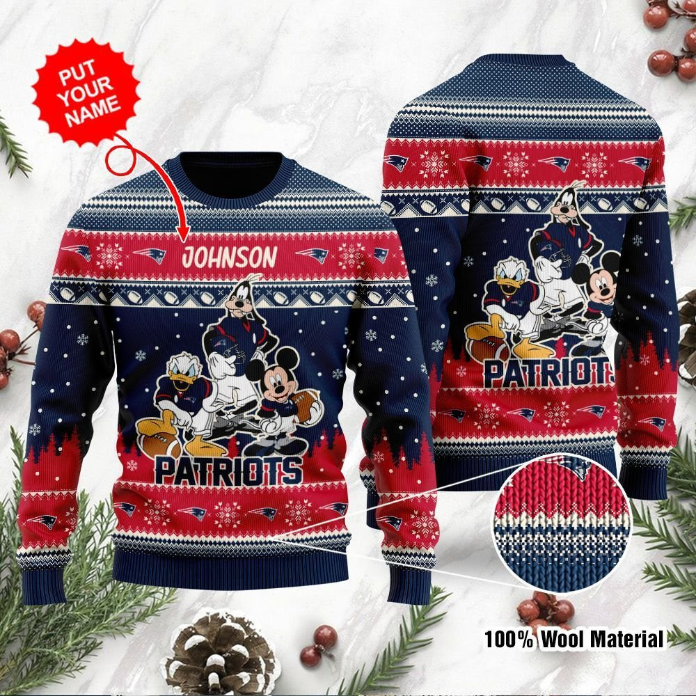 New England Patriots Disney Donald Duck Mickey Mouse Goofy Personalized Ugly Christmas Sweater Adult 3D Funny Matching for family