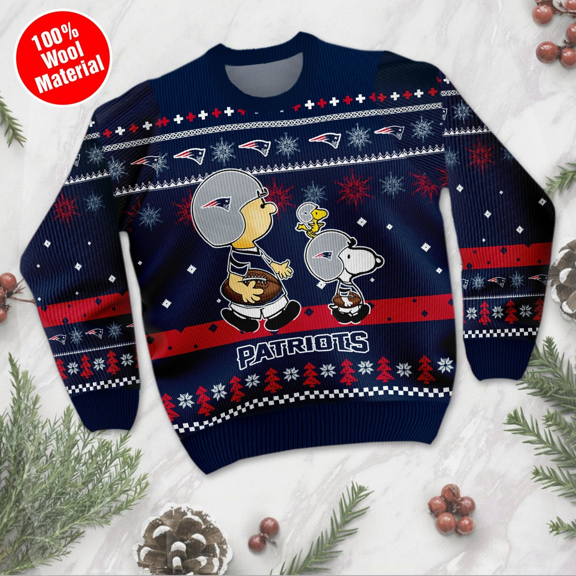 New England Patriots Funny Charlie Brown Peanuts Snoopy Ugly Christmas Sweater Adult 3D Funny Matching for family - Image 2