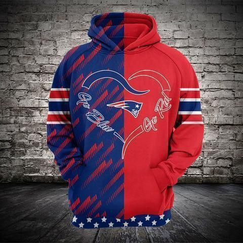 New England Patriots Heart Go Blue Go Red 3D All Over Print Hoodie, Zip Hoodie