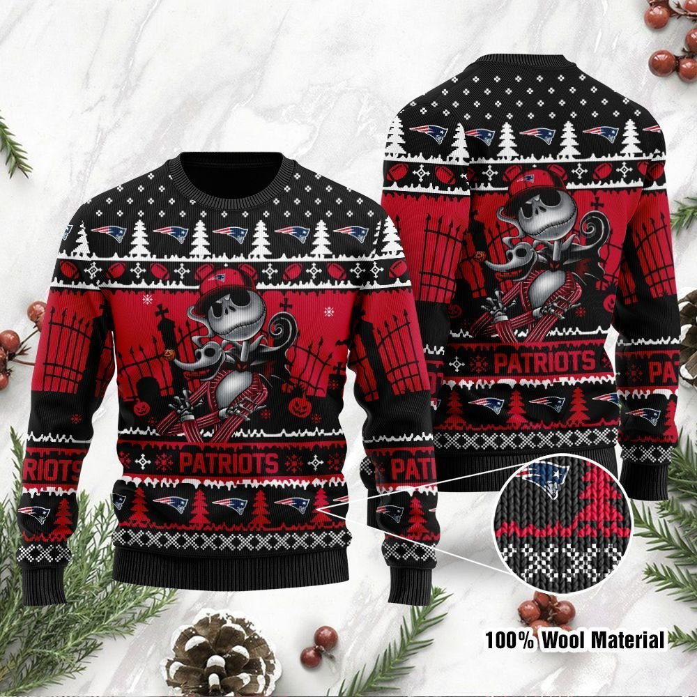 New England Patriots Jack Skellington Halloween Ugly Christmas Sweater Adult 3D Funny Matching for family