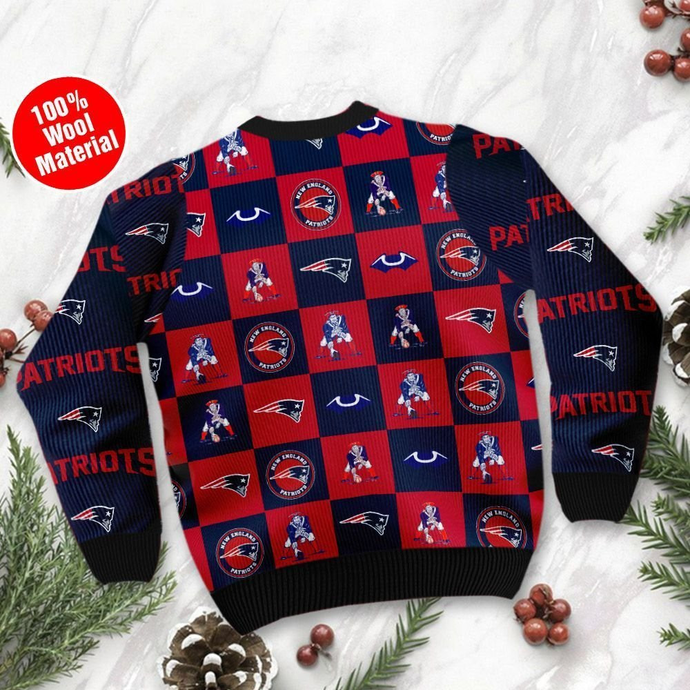 New England Patriots Logo Checkered Flannel Design Ugly Christmas Sweater Adult 3D Funny Matching for family - Image 3