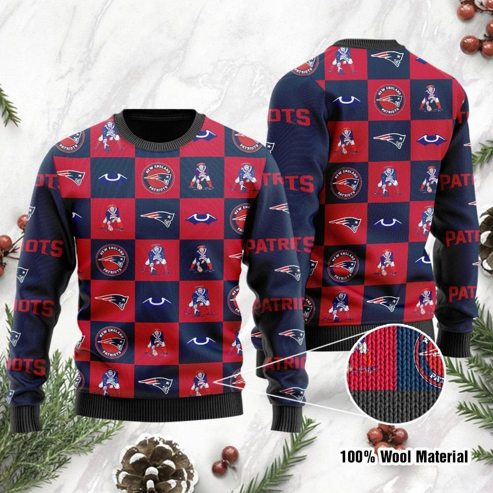 New England Patriots Logo Checkered Flannel Design Ugly Christmas Sweater Adult 3D Funny Matching for family