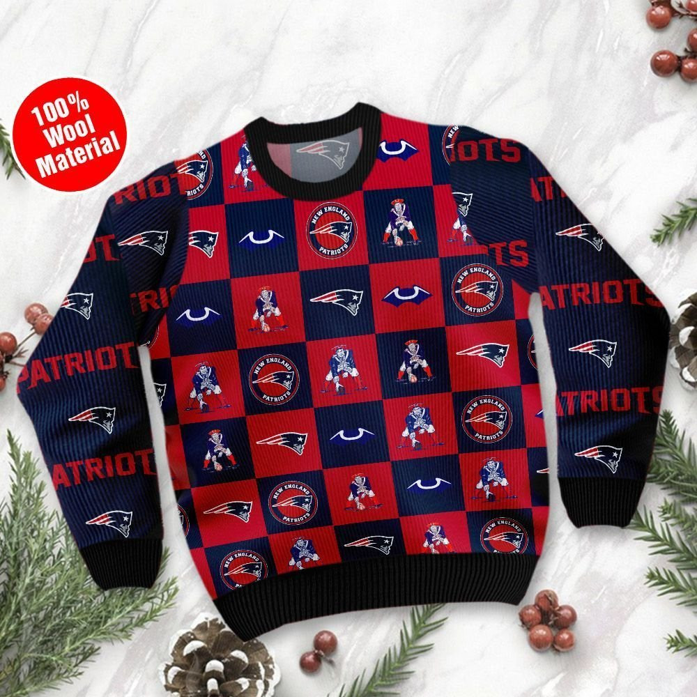 New England Patriots Logo Checkered Flannel Design Ugly Christmas Sweater Adult 3D Funny Matching for family - Image 2