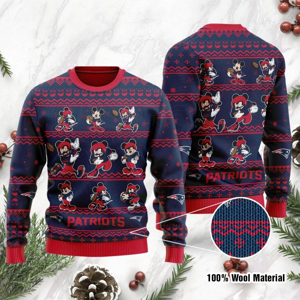 New England Patriots Mickey Mouse Holiday Party Ugly Christmas Sweater Adult 3D Funny Matching for family