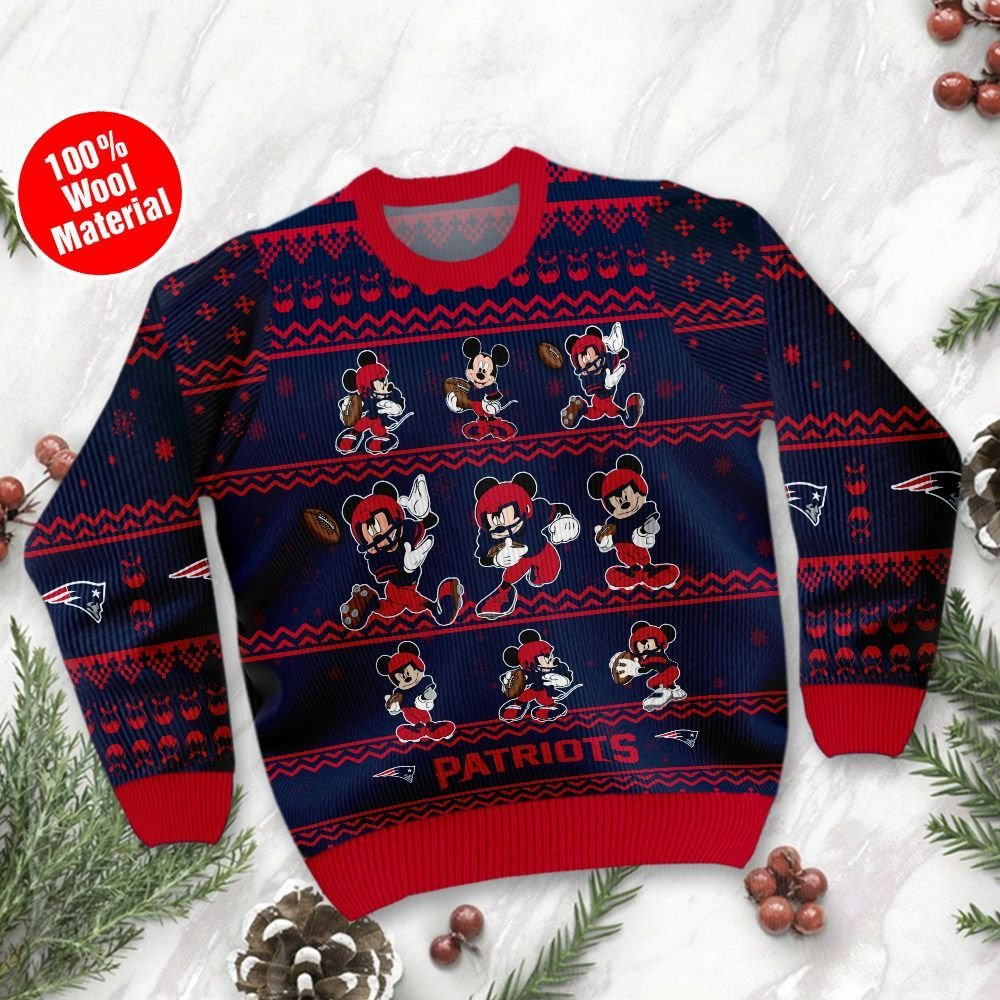New England Patriots Mickey Mouse Ugly Christmas Sweater Adult 3D Funny Matching for family - Image 2