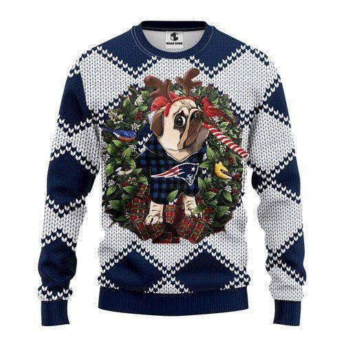 New England Patriots Pug Dog For Unisex Ugly Christmas Sweater Adult 3D Funny Matching for family