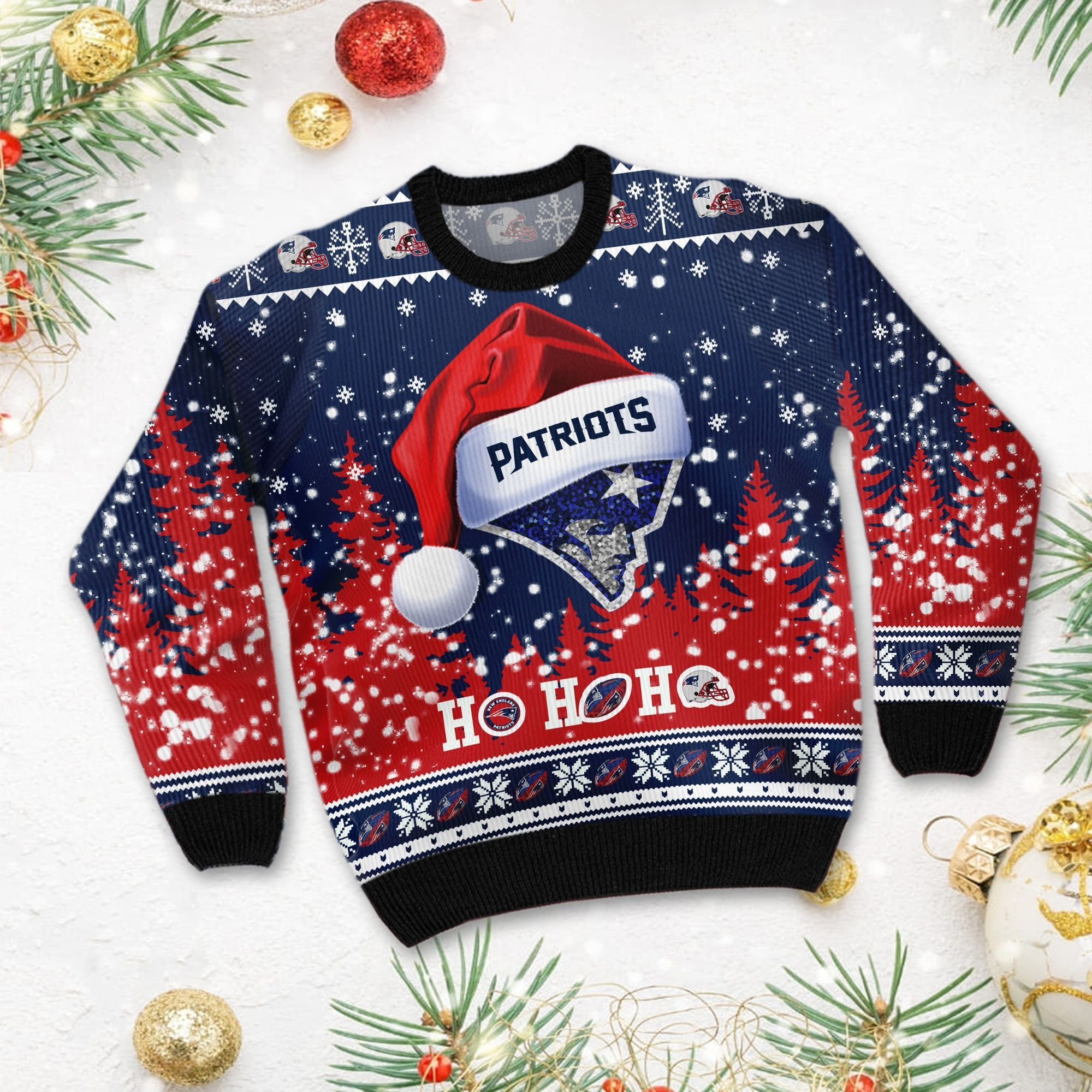 New England Patriots Symbol Wearing Santa Claus Hat Ho Ho Ho Ugly Christmas Sweater Adult 3D Funny Matching for family - Image 3