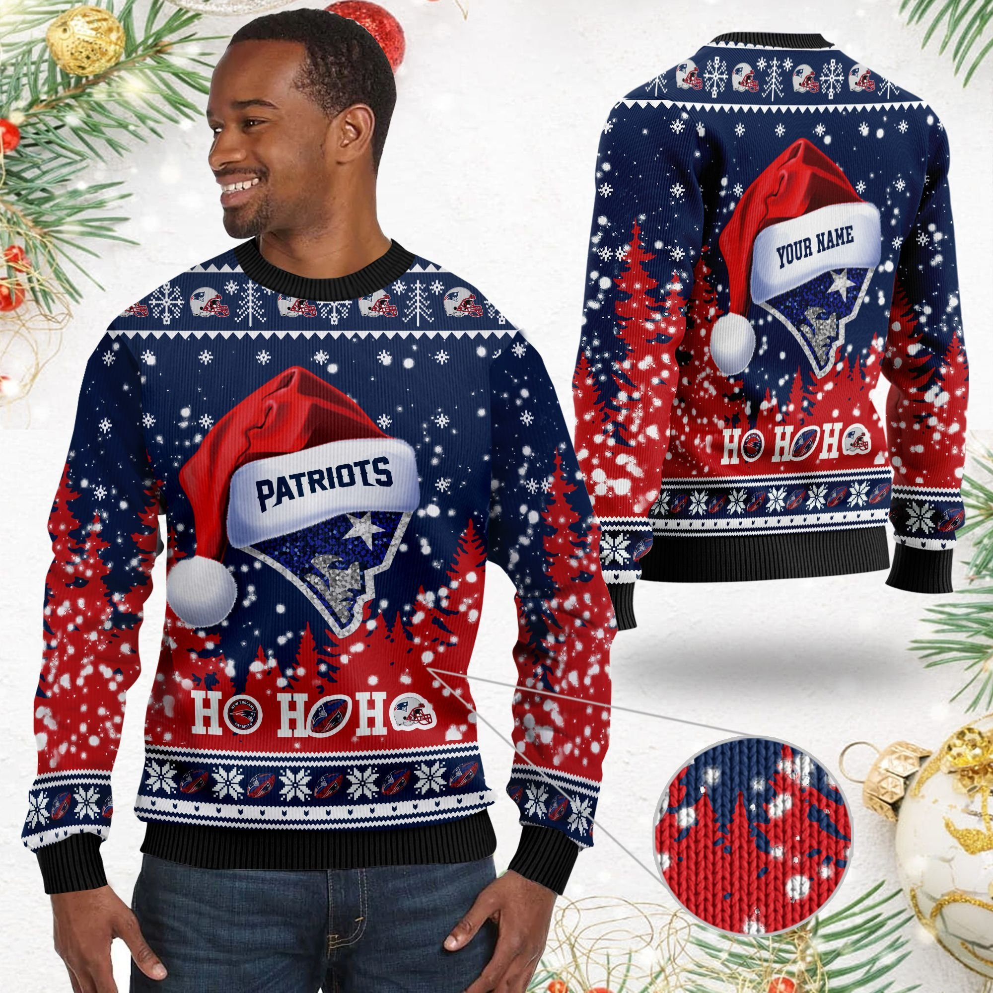 New England Patriots Symbol Wearing Santa Claus Hat Ho Ho Ho Ugly Christmas Sweater Adult 3D Funny Matching for family - Image 2