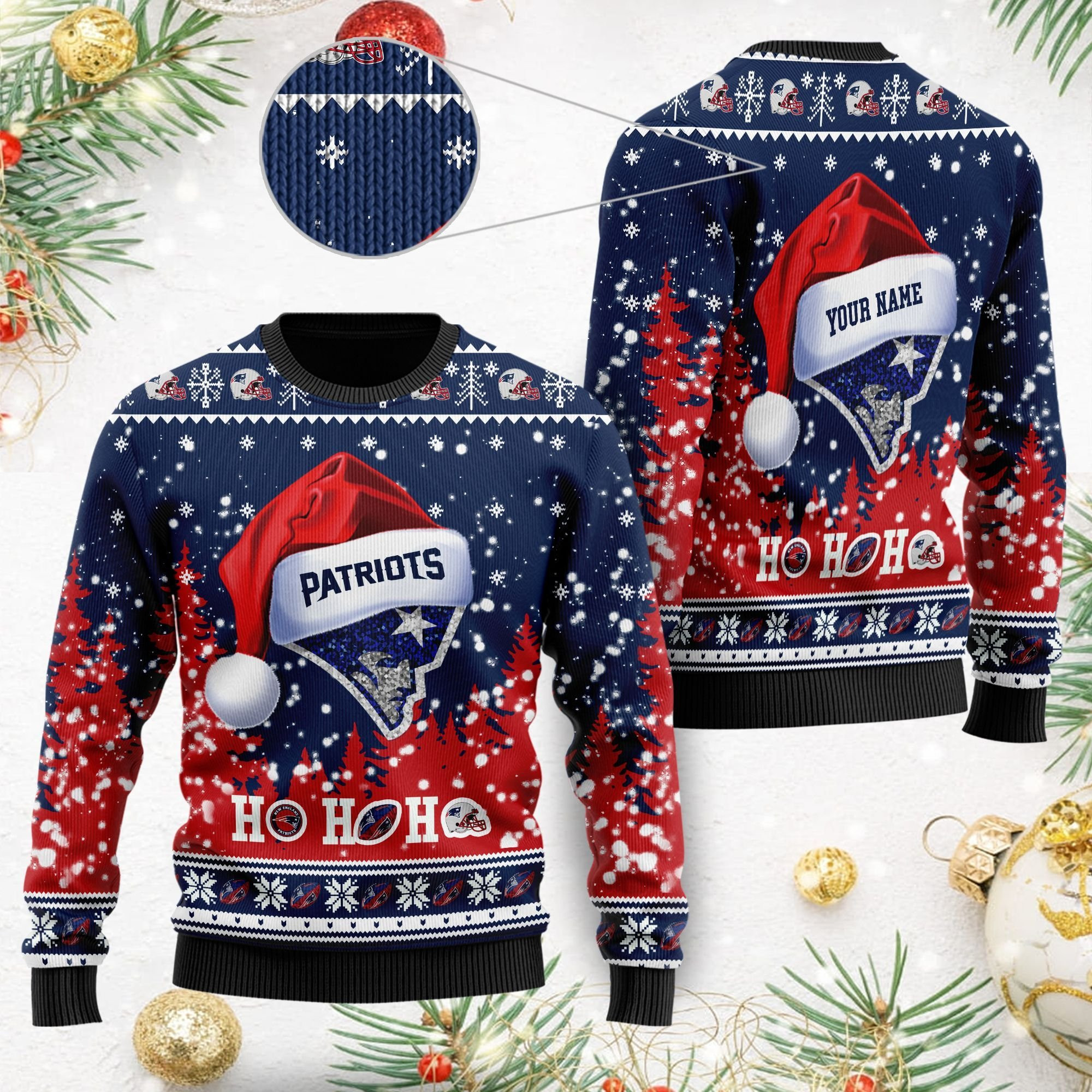 New England Patriots Symbol Wearing Santa Claus Hat Ho Ho Ho Ugly Christmas Sweater Adult 3D Funny Matching for family