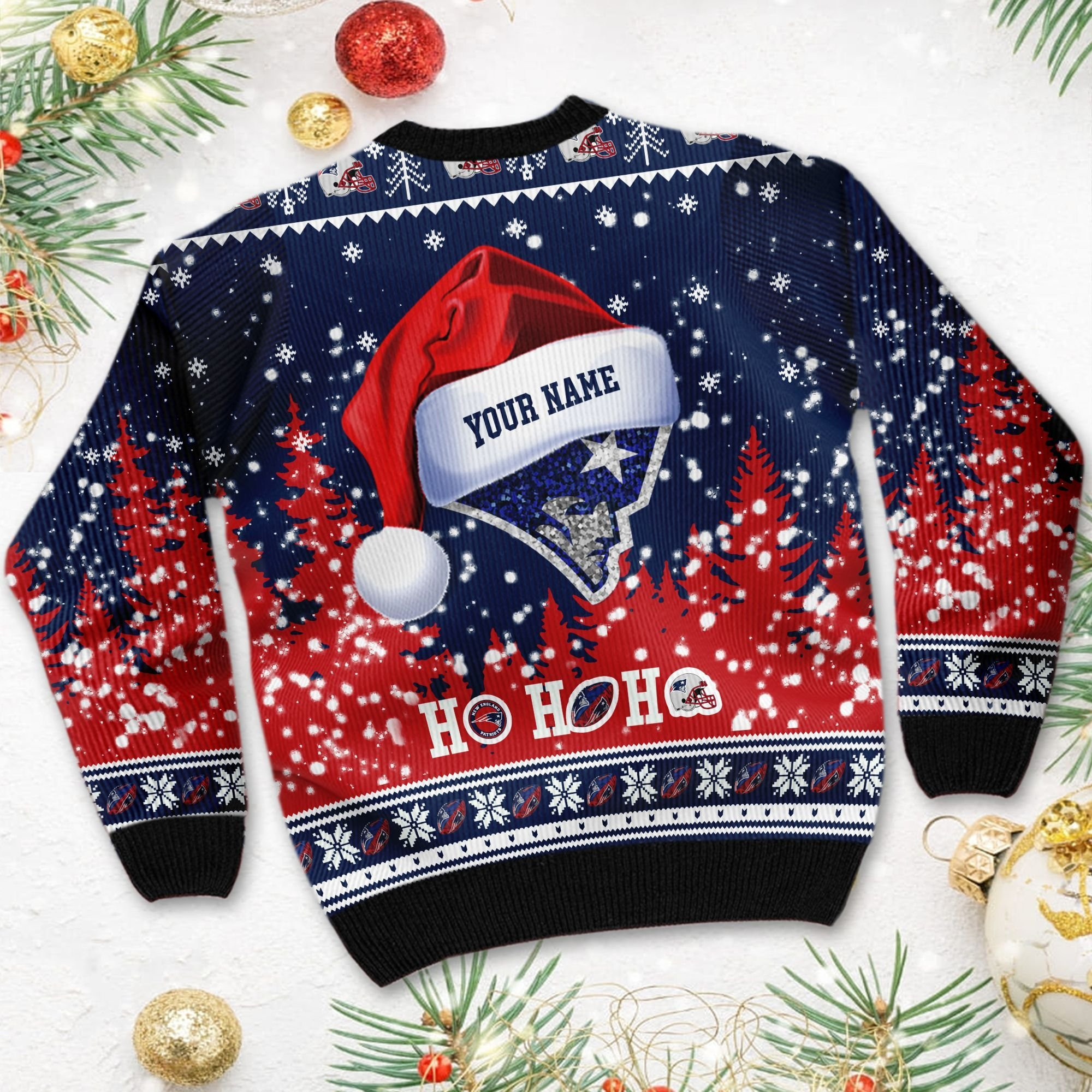 New England Patriots Symbol Wearing Santa Claus Hat Ho Ho Ho Ugly Christmas Sweater Adult 3D Funny Matching for family - Image 4