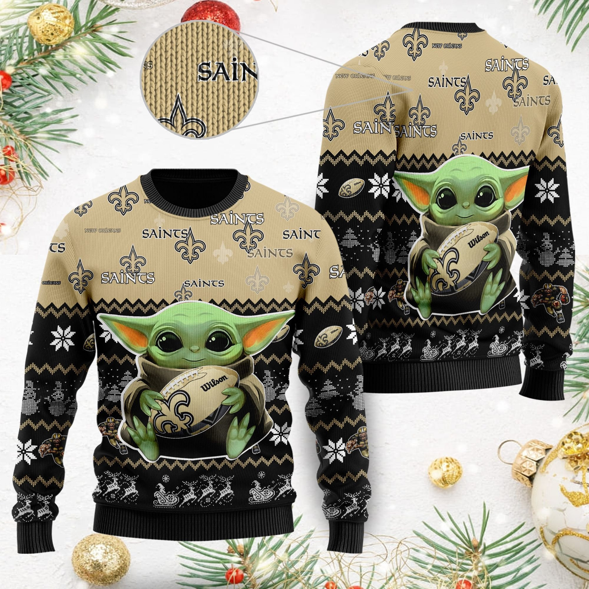 New Orleans Saints Baby Yoda Shirt For American Football Fans Ugly Christmas Sweater Adult 3D Funny Matching for family