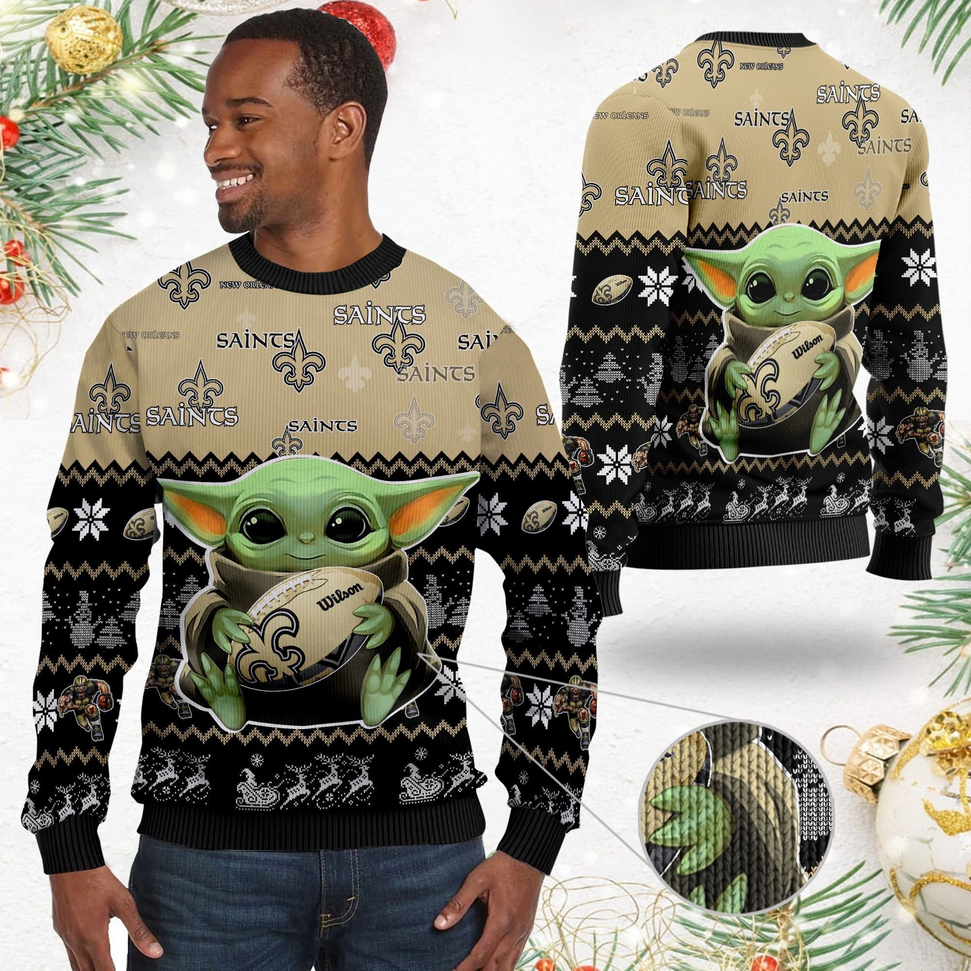 New Orleans Saints Baby Yoda Ugly Christmas Sweater Adult 3D Funny Matching for family