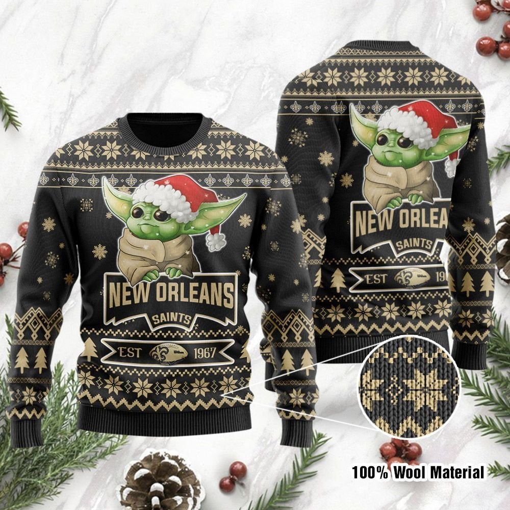 New Orleans Saints Cute Baby Yoda Grogu Holiday Party Ugly Christmas Sweater Adult 3D Funny Matching for family